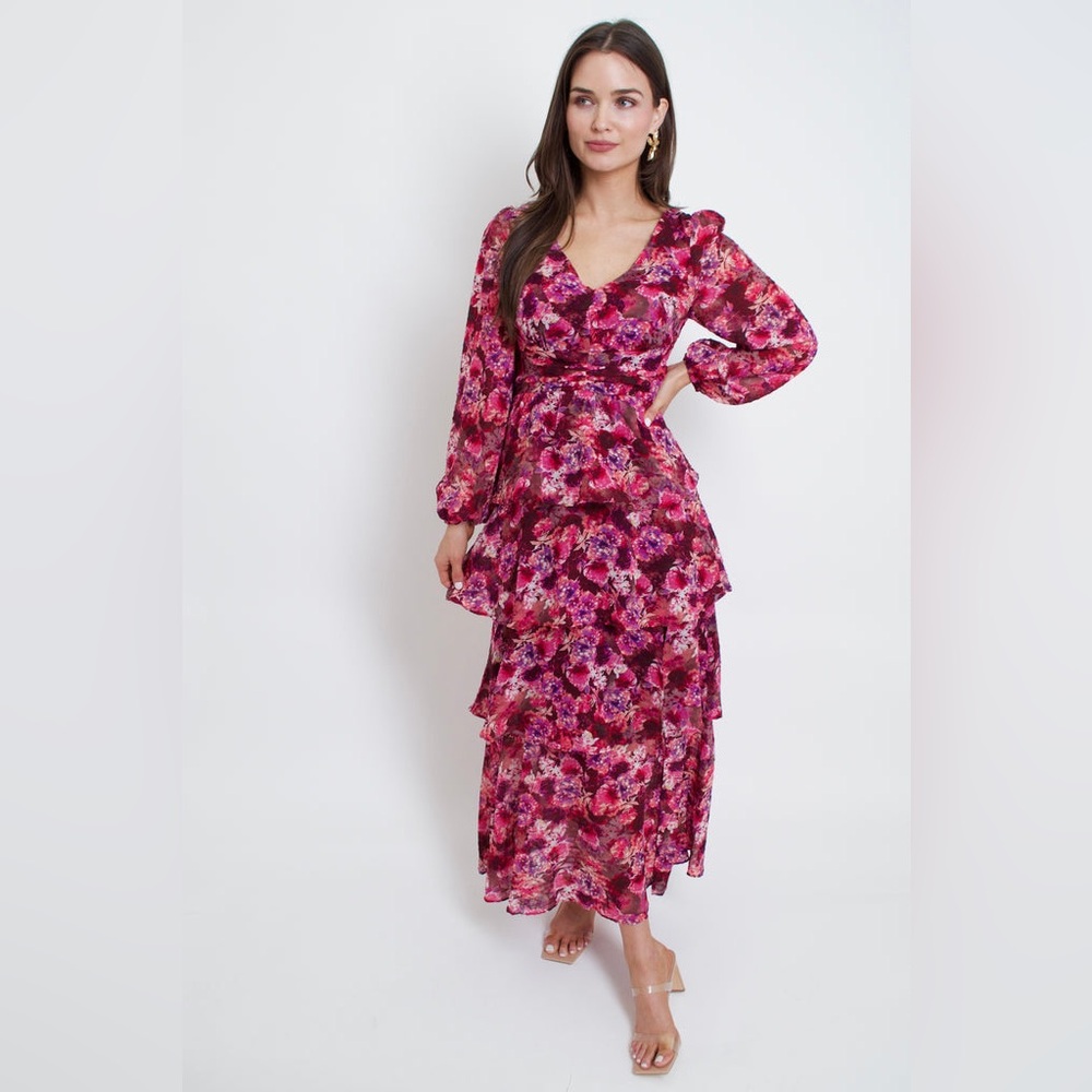 $1080 MIKAEL AGHAL Floral Maxi Dress with fucsia color Size 6, new with tag